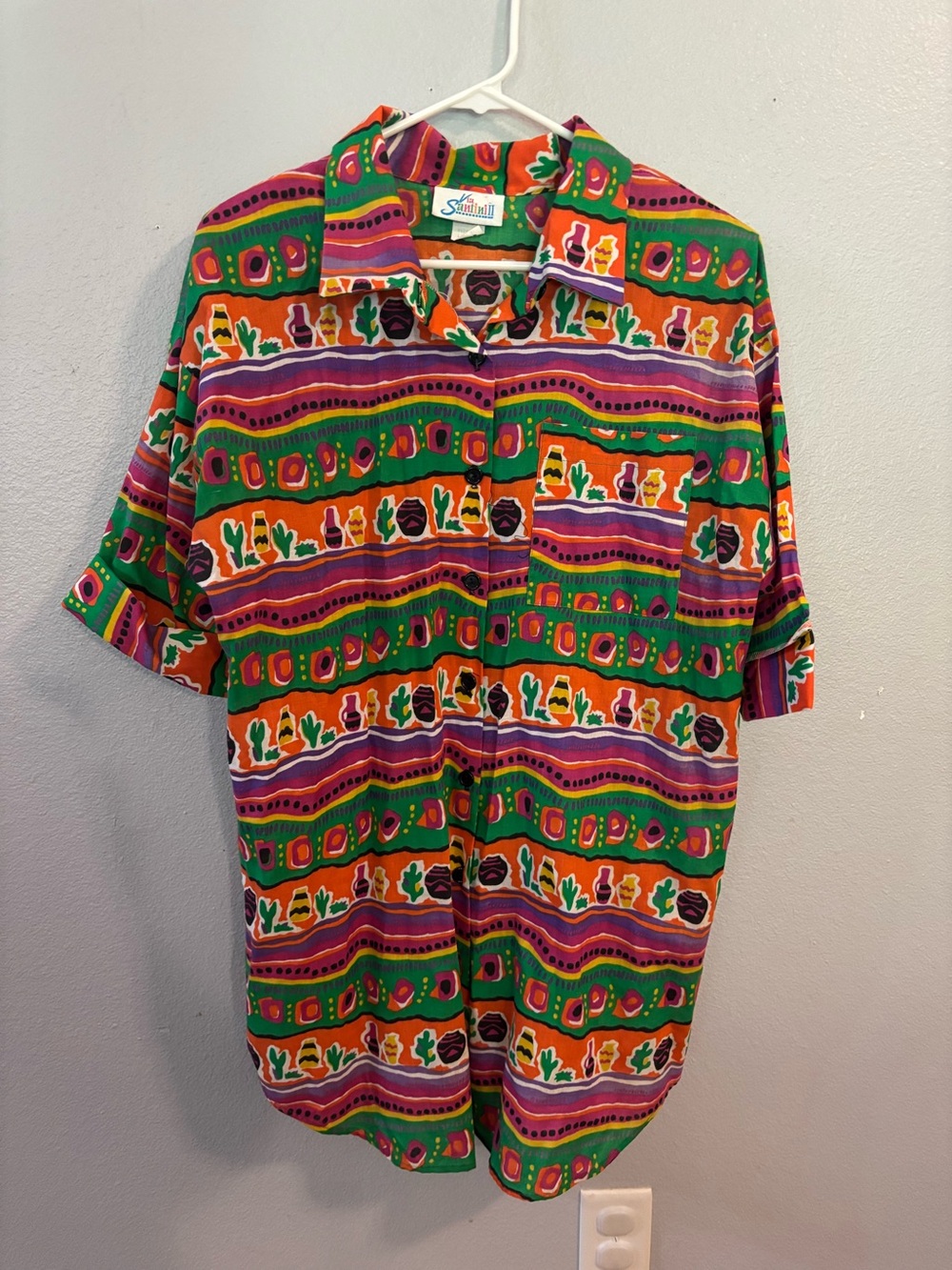 Vintage Via Santini II Southwestern Pattern Mini Pottery And Cactus Blouse